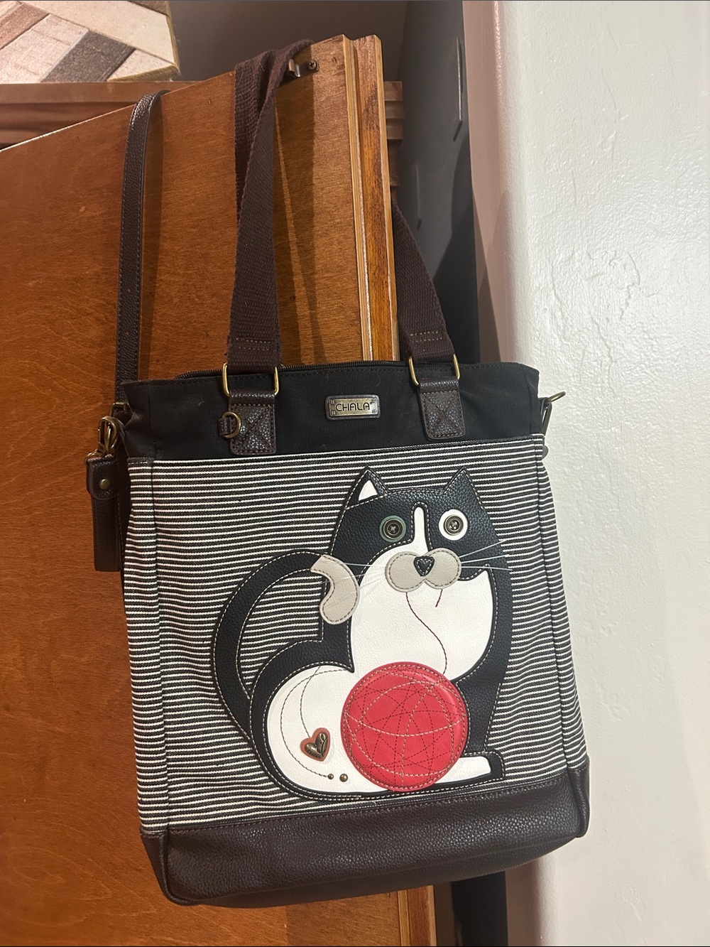 Chala Fat Cat Black & White Stripe Tote with Red Ball Cat Appliqué